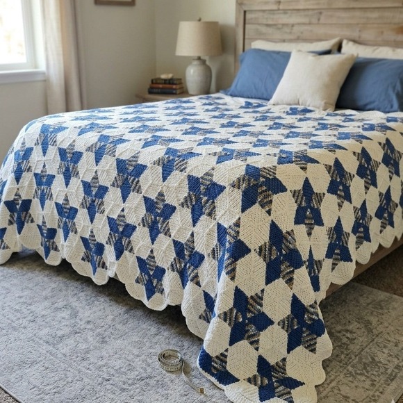 Handmade Other - Vintage Crochet Star Afghan Blanket Blue Cream Cottagecore Americana Scalloped
